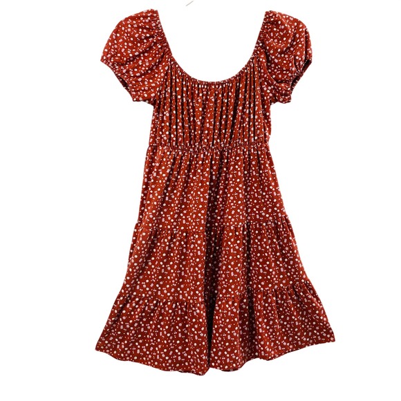 Hollister Prairie Dress Womens XS Rust Red Ditsy Floral Puff Sleeve Tiered Boho - Picture 2 of 11